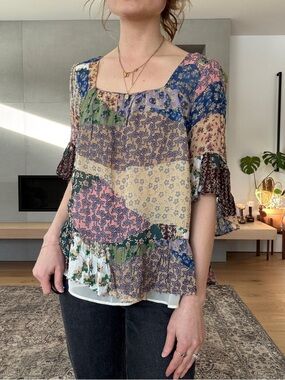 Anthropologie Floreat Multicolor Patchwork Floral Peasant Blouse small
